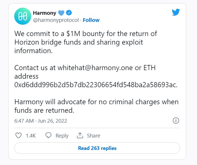 Harmony تعلن عن مكافأة بقيمة مليون دولار