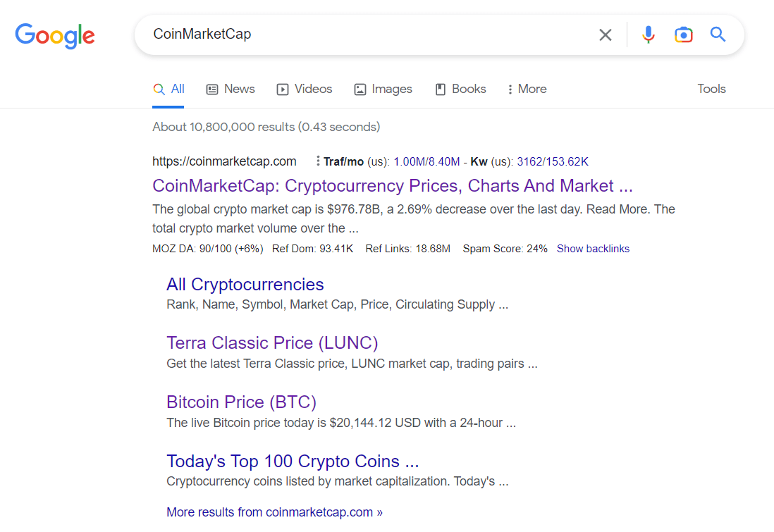 نتائج البحث عن كلمة CoinMarketCap في غوغل