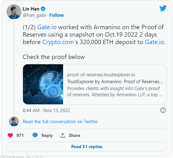 منصتا Huobi وGate.io تكشفان عن ممتلكاتهم من العملات الرقمية 8 تغريدة Lin Han عبر تويتر والتي يظهر بها رد فعله حول الشائعات الموجهة إلى المنصة.
