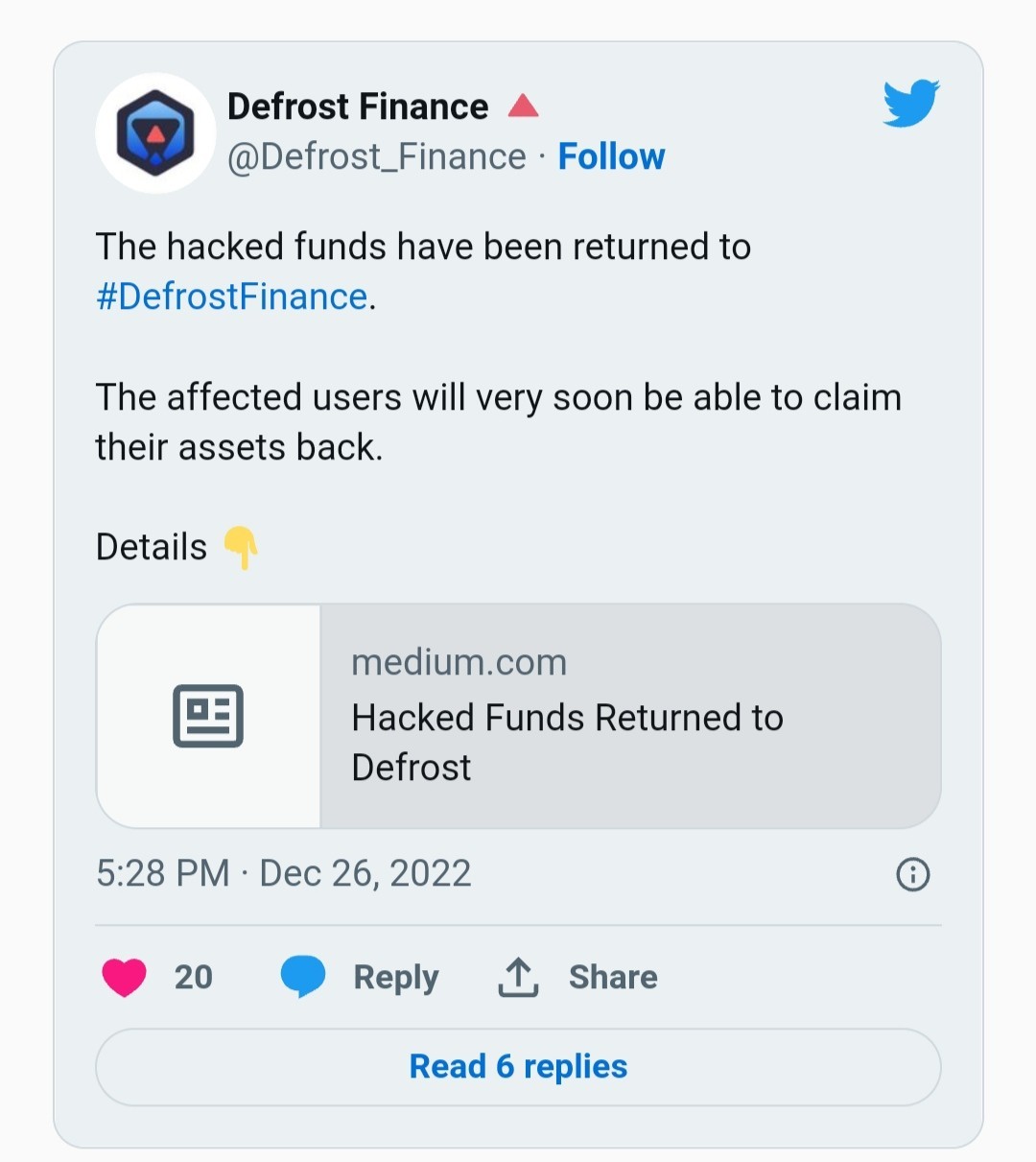 منصة ديفروست فاينانس تسترد 12 مليون دولار من الهكرز 6 تغريدة عبر الصفحة الرسمية لمنصة ديفروست فاينانس التي أعلنت بها عن استراد الأموال المسروقة وردها للمتأثرين بأقرب وقت.