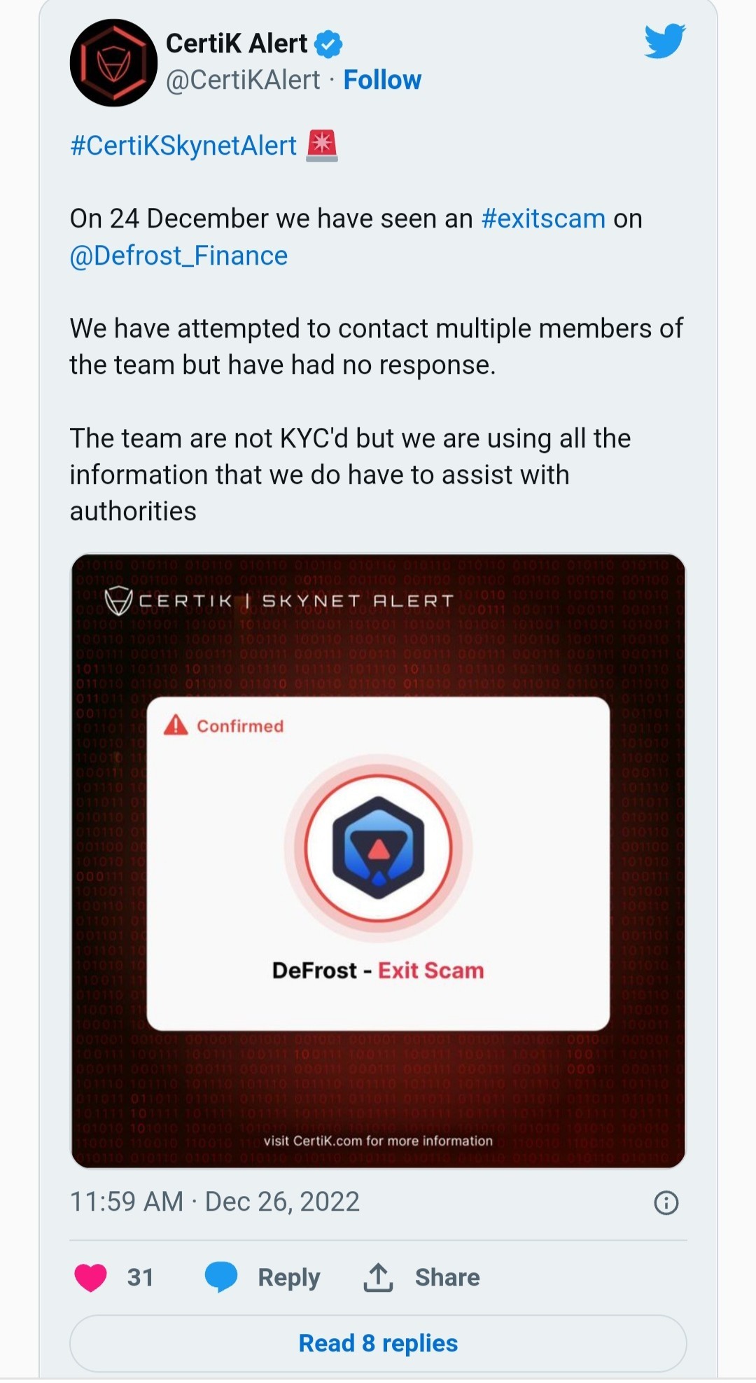 منصة ديفروست فاينانس تسترد 12 مليون دولار من الهكرز 9 رأي شبكة Certik بعملية التهكير التي تعرضت لها منصة ديفروست فاينانس.