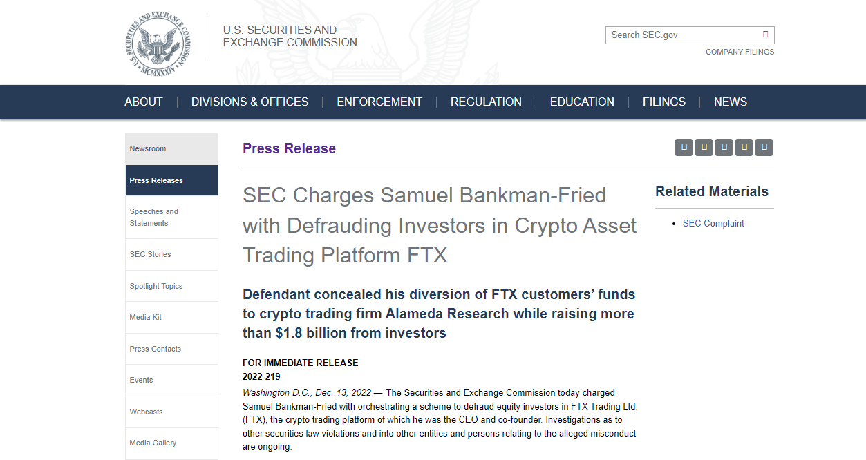 بعد اعتقاله... السلطات الأمريكية تتهم مؤسس منصة FTX بالاحتيال 2 اتهام هيئة الأوراق المالية لسام بانكمان فريد باختراقه القوانين الناظمة في سوق العملات الرقمية