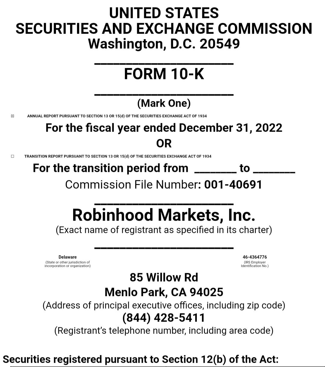 مقدمة مذكرة استدعاء لجنة الأوراق المالية والبورصات الأمريكية لمنصة روبن هود.