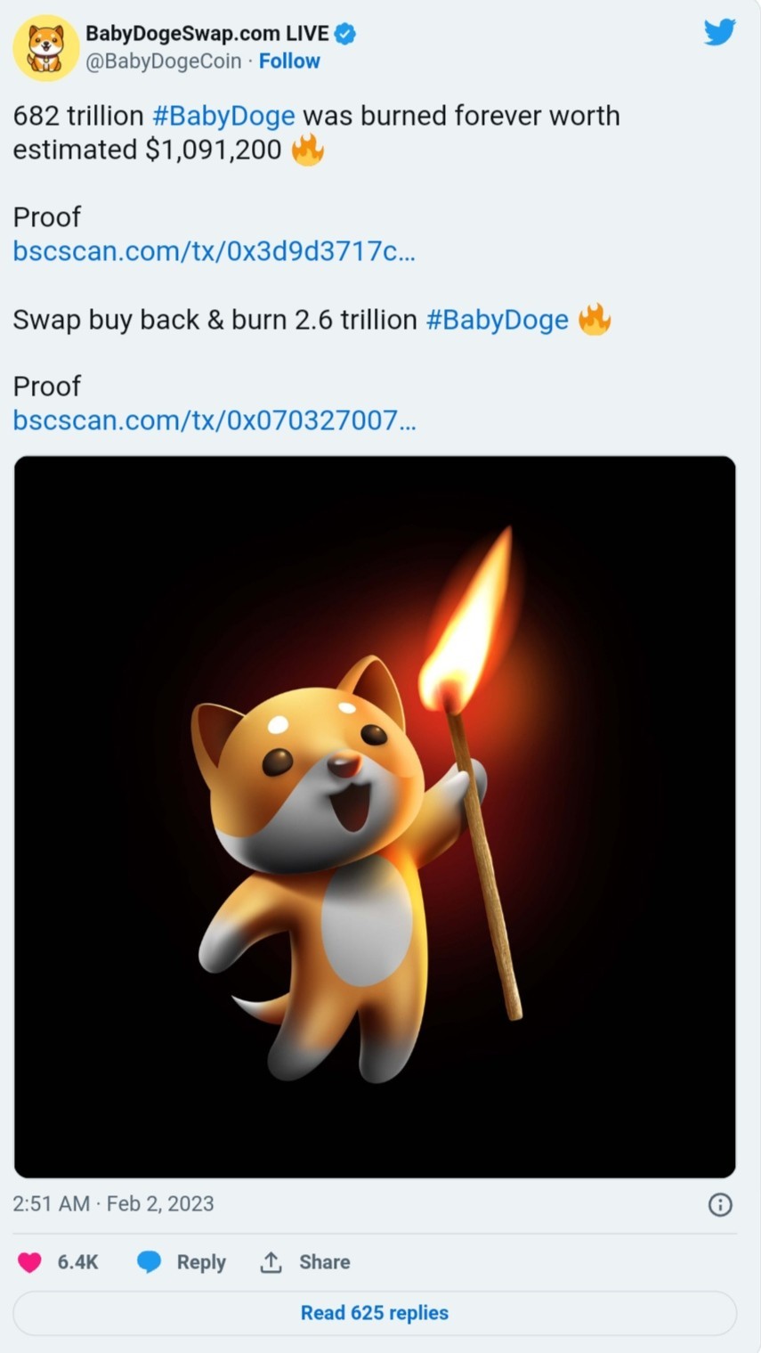 عملة Baby Doge بقفزة مفاجئة ترتفع بنسبة 116٪ خلال أسبوع 4 تغريدة فريق BABYDOGE حول عملية الحرق الأخيرة مع أحجام العملة التي تم حرقها والتي كانت السبب الرئيسي برفع سعرها.