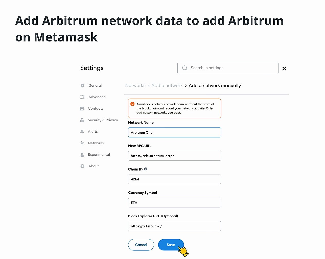 إدخال بيانات شبكة Arbitrum لربطها مع محفظة MetaMask