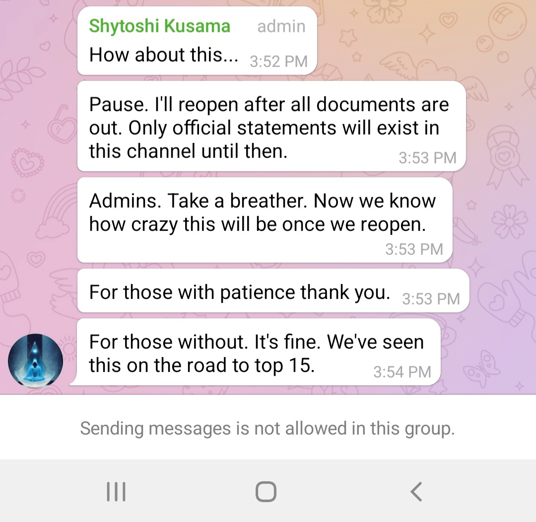 صورة توضِّح أن مطور شيباريوم أوقف خدمة المراسلة في القناة الرسمية على تيلغرام.