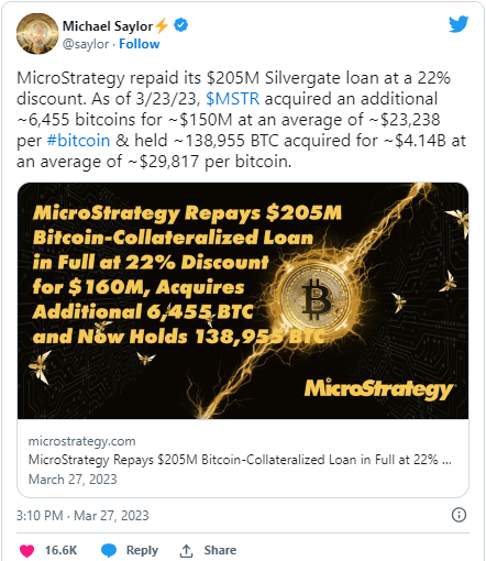 تغريدة مايكل سايلور والتي يبين بها ما قامت به شركة MicroStrategy من سداد ديونها إلى بنك Silvergate إلى شراء كميات كبيرة من البيتكوين