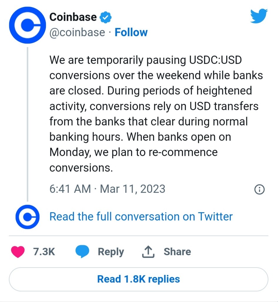 تغريدة Coinbase وإيقافها المؤقت لتداول USDC.