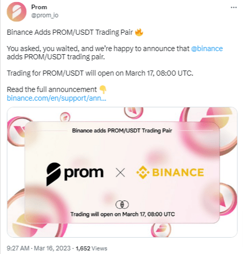 عملة PROM الرقمية تحقق ارتفاعا هائلا بأكثر من 70% لهذا السبب 4 شبكة prom.io تعلن عن إدراج زوج جديد لعملتها على منصة بينانس