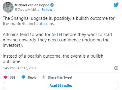 تغريدة المحلل مايكل فان دي بوب والتي يرى بها أن ترقية شابيلا هي سبب ارتفاع سعر الإثيريوم وغيرها من العملات الرقمية