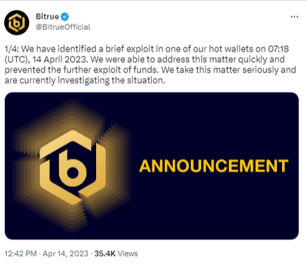 صورة تغريدة منصة Bitrue أعلنت فيها عن تعرضها للاختراق