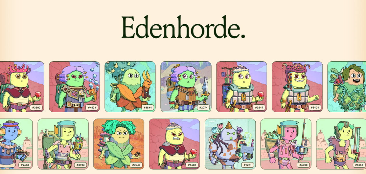 صورة من موقع لعبة Edenhorde التي تظهر بطاقات NFT للعب