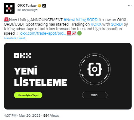 إعلان OKX Turkey عن إدراج عملة ORDI الميمية الرقمية