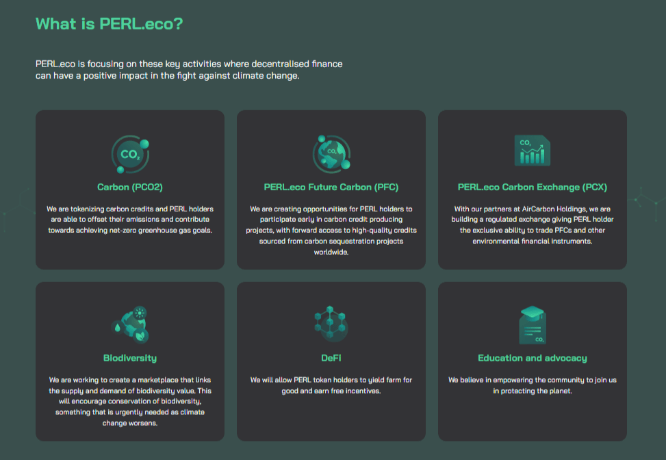 عملة PERL : ما هي وما هو مشروعها بلغة بسيطة؟ 7 صورة توضح جوانب العمل والخدمات التي يقدمها مشروع PERL.ceo البيئي اللامركزي
