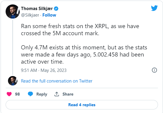 شبكة XRP تحقق رقم قياسي جديد 2 إعلان توماس سيلكجير