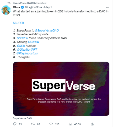 سعر عملة SUPER الرقمية يرتفع بأكثر من 25% على منصة بينانس 6 تغريدة منصة SuperFarm تشير فيها لتحقيقها إنجازات كبيرة خلال عامين فقط.