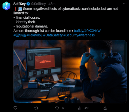 عملة KEY الرقمية تحقق مكاسب جديدة بأكثر من 20% على بينانس 6 صورة أحدث تويتة لمنصة Selfkey اللامركزية