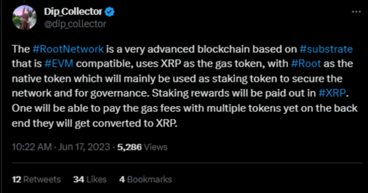 عملة XRP تصبح متاحة للتشغيل عبر آلة إيثيريوم الافتراضية 4 الباحث Dip Collector يعرف عن شبكة Root Network