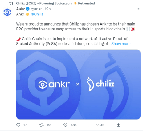عملة BAR الرقمية التابعة لنادي برشلونة ترتفع بأكثر من 30% 6 منصة Chiliz تختار شبكة Ankr لتكون مزود PRC الرئيسي لها