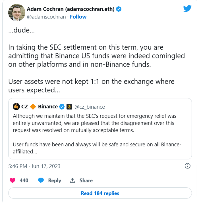 هل كذبت منصة بينانس بشأن أموال العملاء؟ 2 آدم كوكران، باحث ومحلل في مجال العملات الرقمية