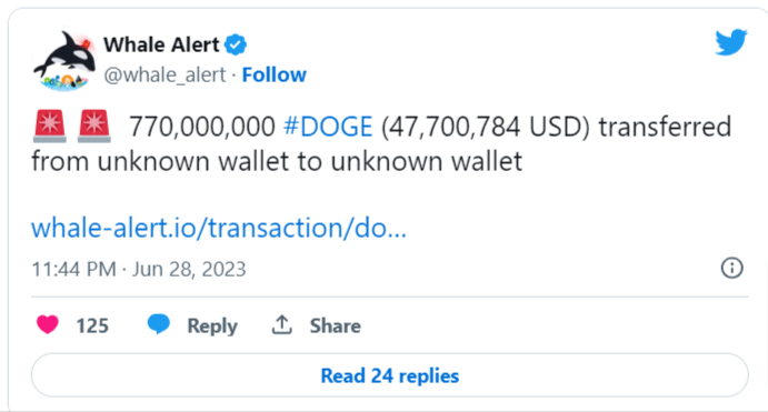 أكثر من 1.5 مليار دوجكوين تتسب في انخفاض سعر العملة 3 حساب Whale Alert على تويتر
