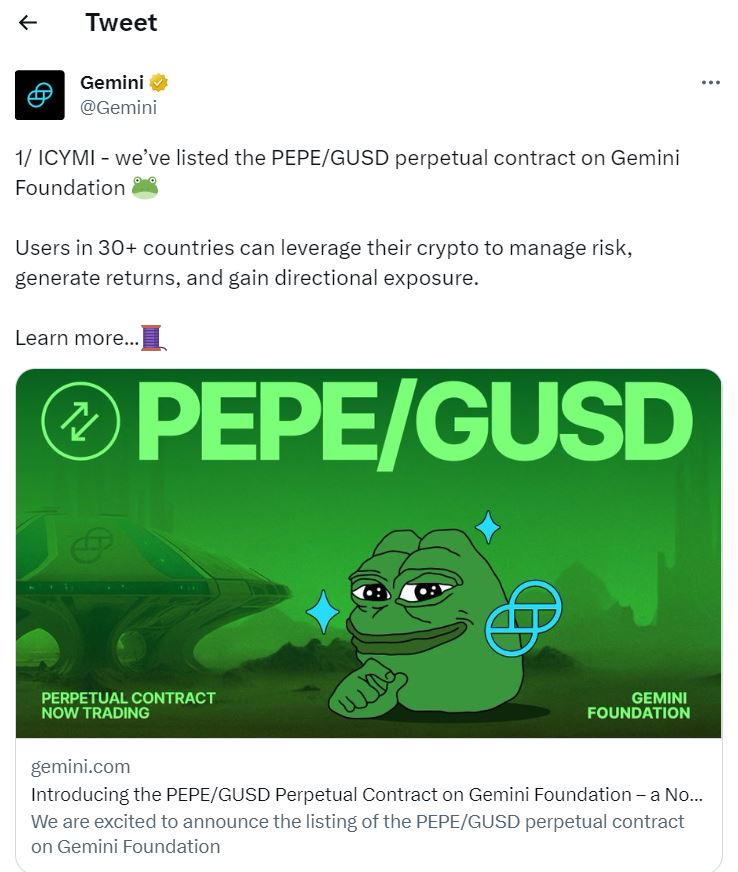 منصة Gemini تتيح عملة PEPE للتداول عبر منصتها