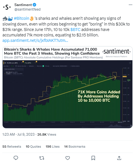 الحيتان تبتلع هذه العملات الرقمية بتحركات ضخمة 10 تغريدة شركة Santiment حول حركة الحيتان تجاه البيتكوين في الآونة الأخيرة
