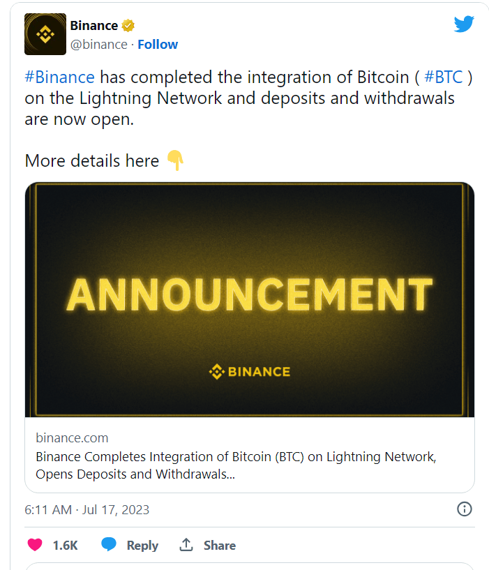 بينانس تنجح في التكامل مع شبكة BTC Lightning 2 إعلان بينانس في منشور لها عن استكمال هذا التطوير