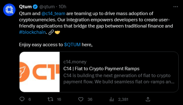 سعر عملة QTUM الرقمية يرتفع بأكثر من 35% على بينانس 8 شبكة كوانتوم تعلن تعاونها مع فريق مطوري C14