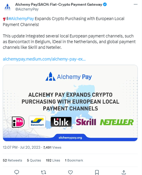 شيبا إينو تتوسع في أوربا بعد هذه الشراكة 2 تغريدة Alchemy Pay حول شراكاتها الجديدة في أوربا ودعمها للعملات الرقمية