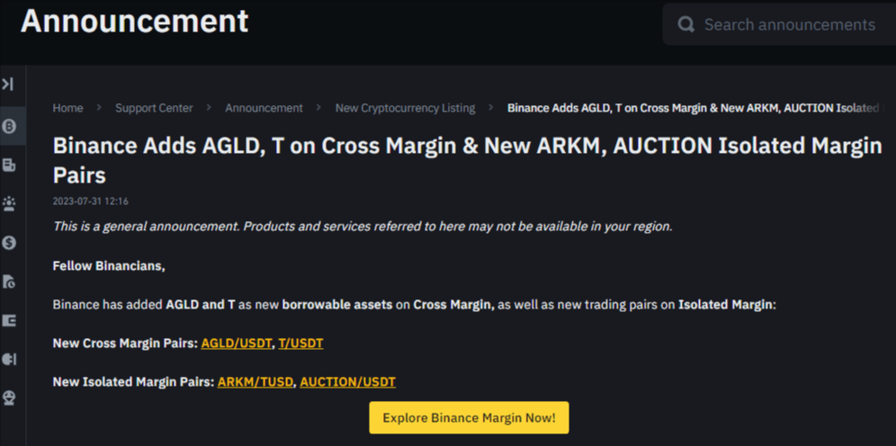 منصة بينانس تعلن إدراج أزواج جديدة من العملات الرقمية 2 بينانس تضيف أزواج تداول لعملات T, AGLD, ARKM, AUCTION