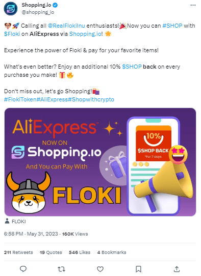 Aliexpress يوجه صفعة موجعة لعملة FLOKI 2 تغريدة منصة Shopping حول دعمها لعمة FLOKI لشراء البضائع من موقع Aliexpress