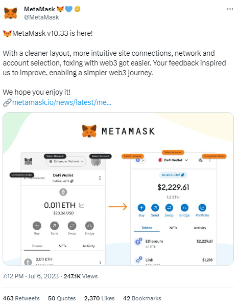 ما هي ميزات الإصدار الجديد من محفظة MetaMask؟ 2 تغريدة ميتا ماسك حول الترقية الجديدة لمحفظتها