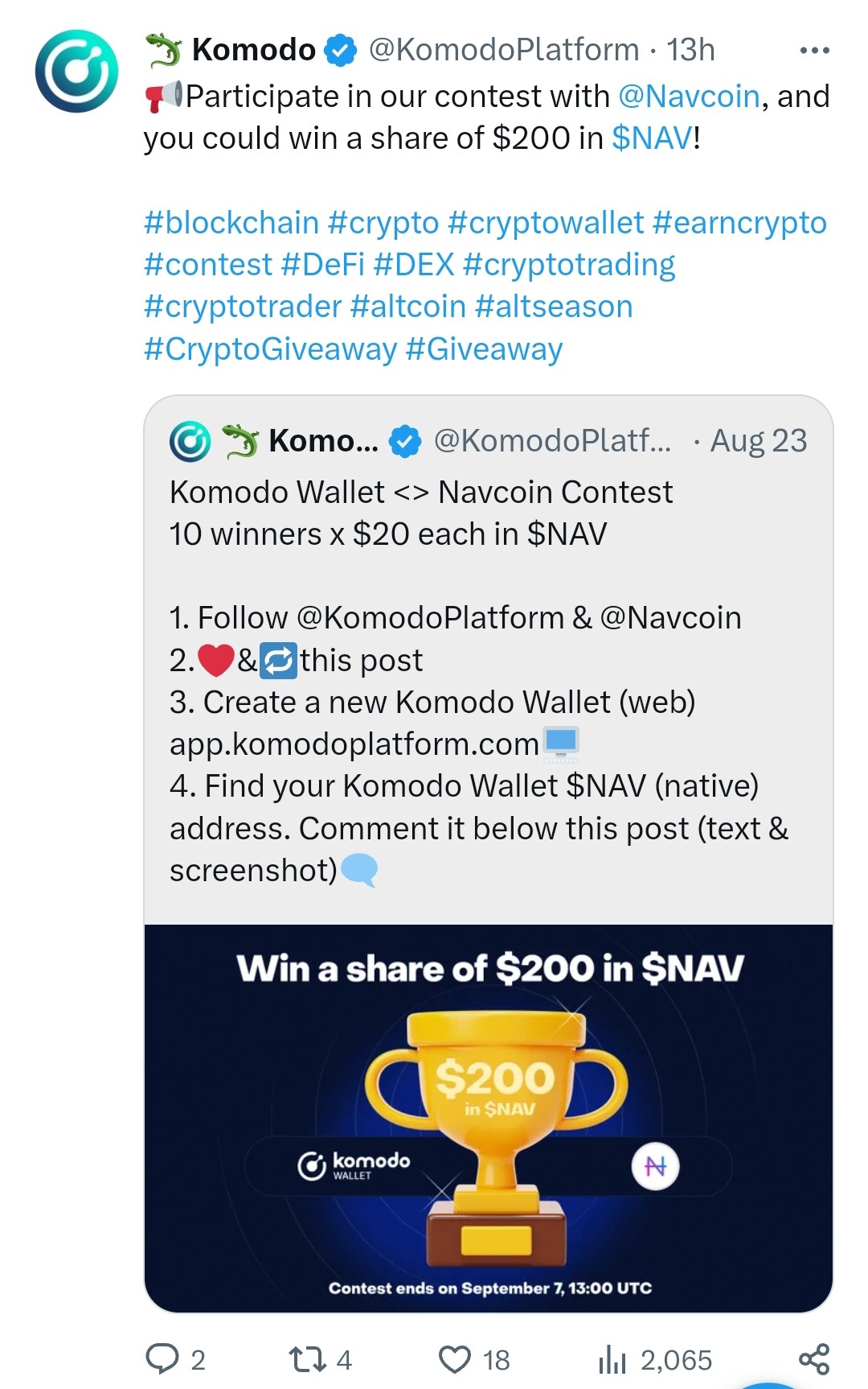 ما سبب الانفجار الخارق لسعر عملة KMD بأكثر من 58% 5 تغريدة منصة komodo حول المسابقة التي أعلنت عنها بجائزة 200 دولار مع شروط التقدم لها