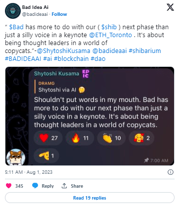 مؤسس شيبا يكشف عن شريك جديد في المرحلة المقبلة 3 تغريدة حساب Bad Idea AI حول مخطط ساتوشي كوساما بالشراكة معهم