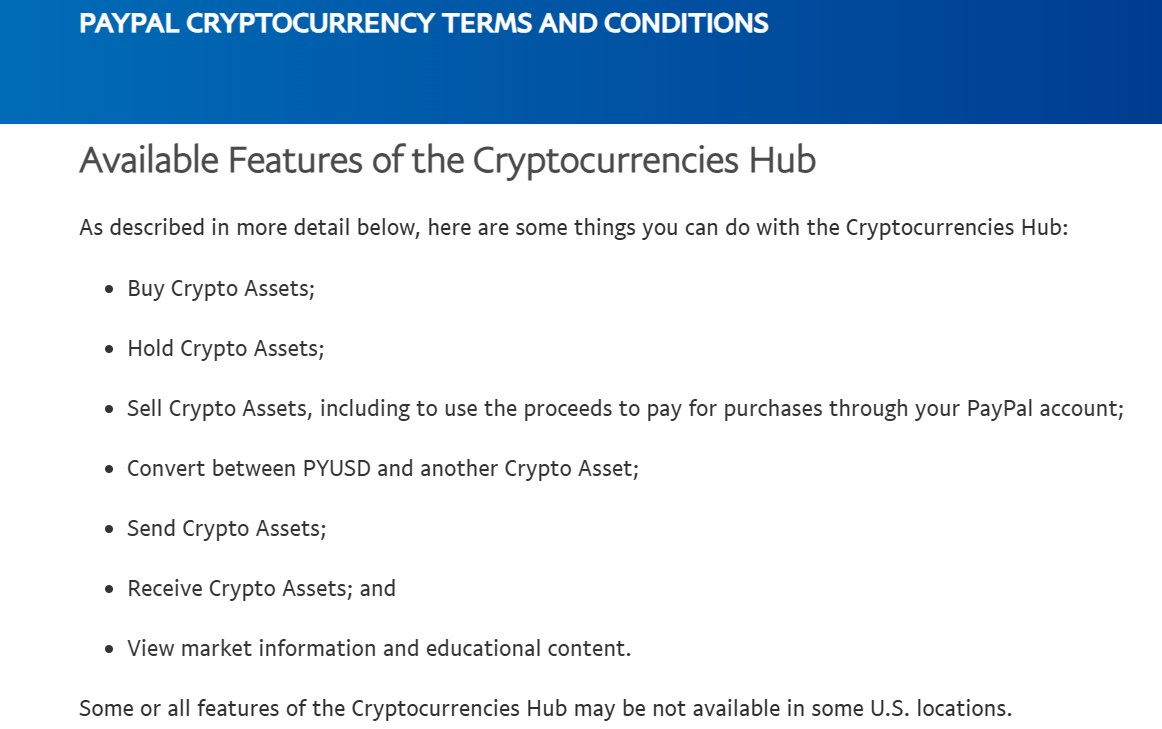 PayPal تطلق منصة عملات رقمية 2 كما هو موضح في شروط وأحكام PayPal لـ Cryptocurrenies Hub