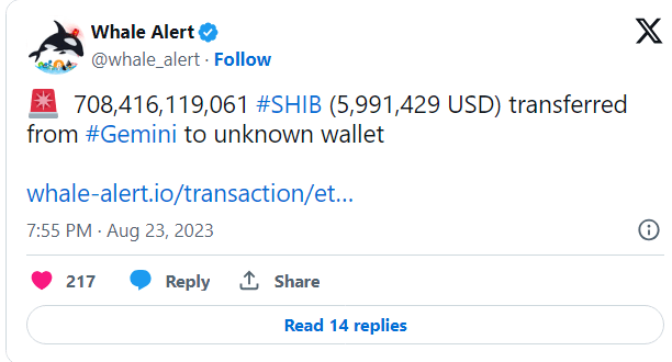 سحب أكثر من 700 مليار شيبا من هذه المنصة 2 خدمة Whale Alert، التي تتتبع حركة الأموال الكبيرة في سوق العملات الرقمية