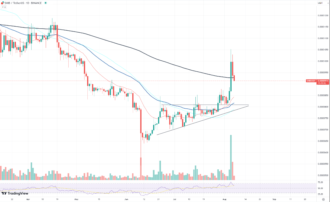 عملة SHIB تنخفض بنحو 6.5% وتحذير من استمرار الهبوط 4 بيانات المؤشر الفني EMA لعملة SHIB