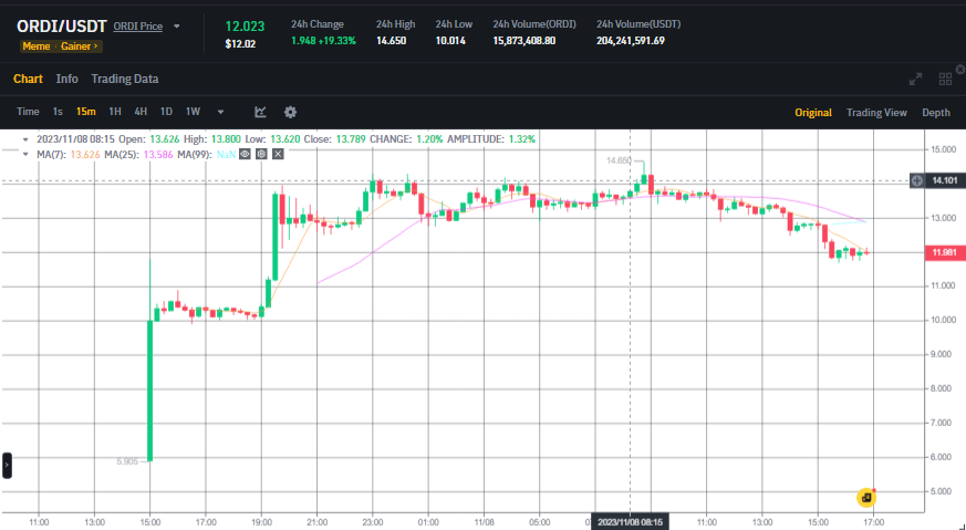 سعر عملة ORDI يرتفع حوالي 46% بسبب دعم جديد 3 سعر عملة ordi وفق منصة بينانس Binance.