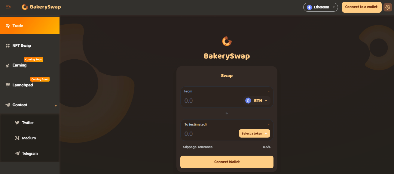 صورة واجهة الموقع الرئيسي لمنصة BakerySwap اللامركزية.
