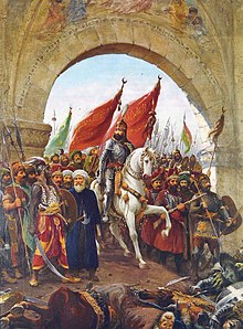 صورة تجسد دخول السلطان محمد الفاتح إلى القسطنطينية على صهوة جواده الأبيض جانبولاد ذي الروح الفولاذية