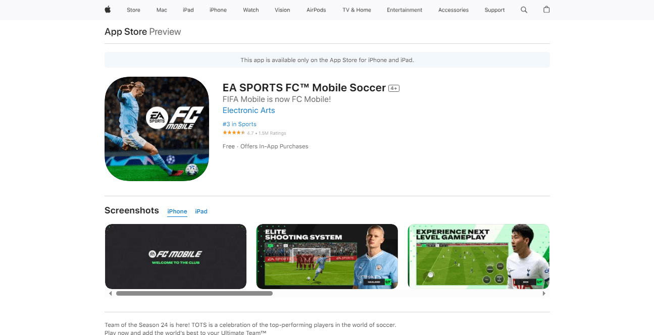 صورة توضح كيفية تنزيل لعبة FIFA 2024 من متجر آبل App Store