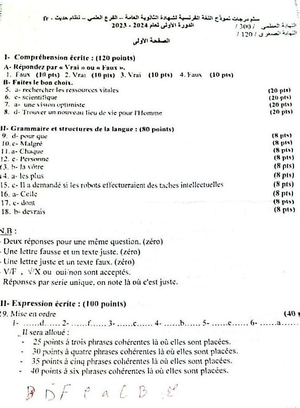 سلم تصحيح مادة اللغة الفرنسية بكالوريا علمي الدورة الأولى عام 2024 - الصفحة الأولى